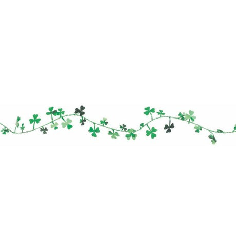 Vibrant Shamrock Wire Garland featuring shimmering green shamrocks, perfect for St. Patrick's Day decorations.