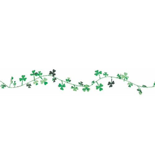 Vibrant Shamrock Wire Garland featuring shimmering green shamrocks, perfect for St. Patrick's Day decorations.