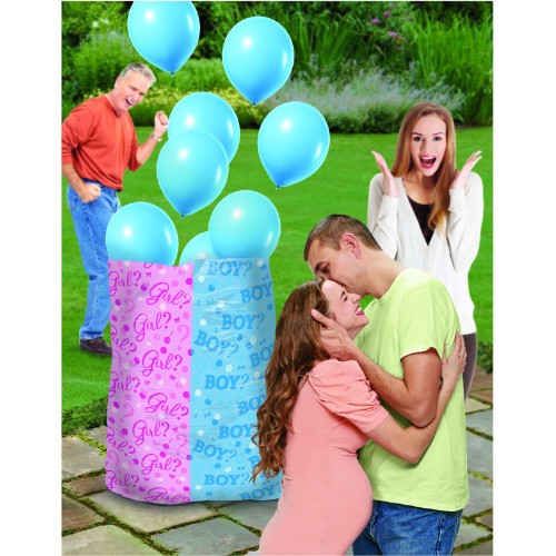 A large blue gender reveal balloon sack with 8 vibrant balloons and ribbons for celebrating a baby boy announcement.