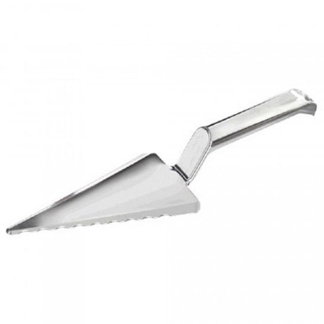 Durable 11-inch plastic pie cutter with sleek silver finish, perfect for uniform dessert slices.