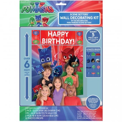 Vibrant PJ Masks Scene Setter with 12 props, ideal for kids' parties, measuring 59in x 65in, creating an exciting atmosphere.