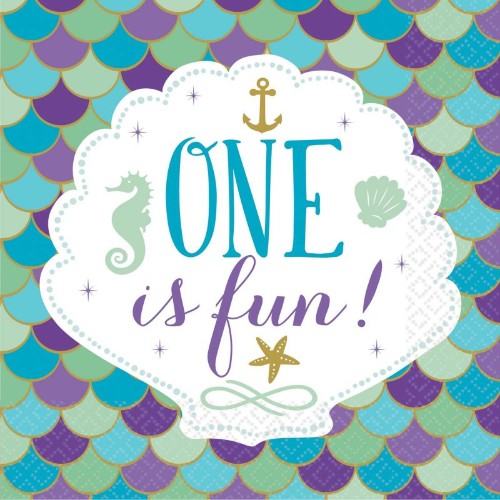 Pack of 16 mermaid-themed lunch napkins for a 1st birthday celebration, each measuring 33cm x 33cm.