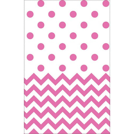 Vibrant New Pink Chevron Plastic Tablecover ideal for parties, protecting tables while adding a stylish touch to decor.
