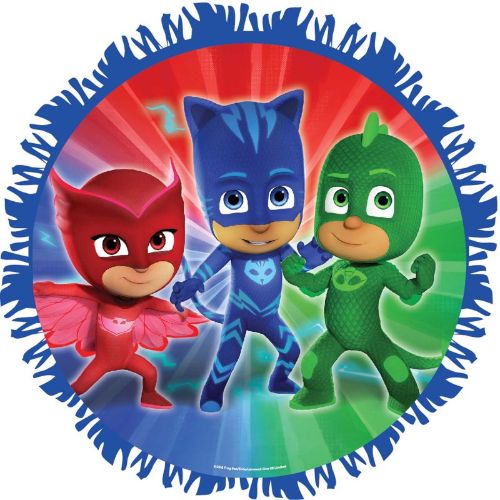 Colorful PJ Masks Pull String Pinata, 42cm diameter, expands from 2cm to 9cm, perfect for kids' birthday parties.