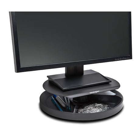 Kensington SmartFit Spin2 Monitor Stand with adjustable height, 360-degree carousel, and space-saving design for ergonomic comfort.
