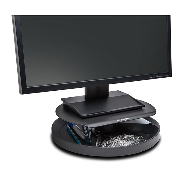 Kensington SmartFit Spin2 Monitor Stand with adjustable height, 360-degree carousel, and space-saving design for ergonomic comfort.