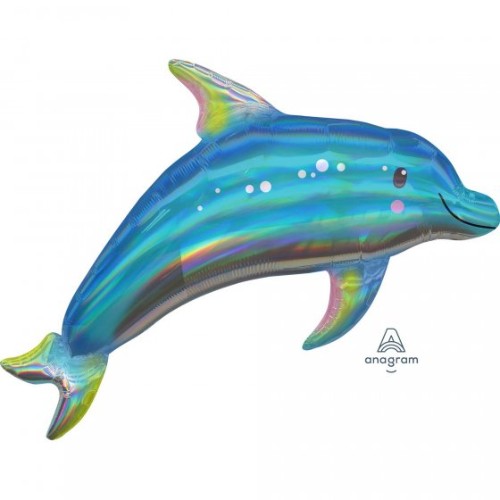 Supershape iridescent blue dolphin balloon, 73cm x 68cm, perfect for ocean-themed celebrations and children’s parties.