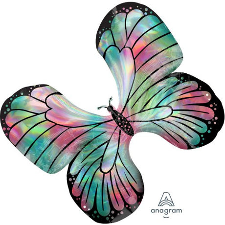 Supershape teal and pink holographic butterfly balloon, 76cm x 66cm, perfect for vibrant party decor and celebrations.