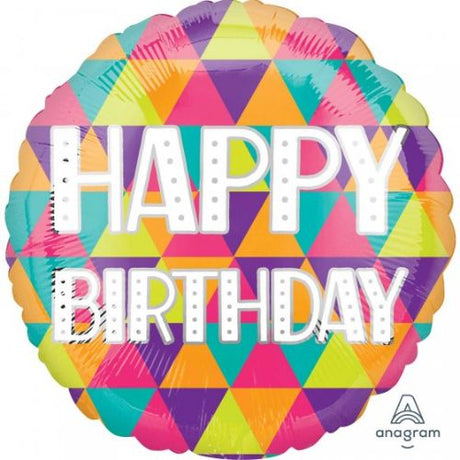 Vibrant 45cm self-sealing foil balloon with colorful triangles, perfect for cheerful birthday celebrations.