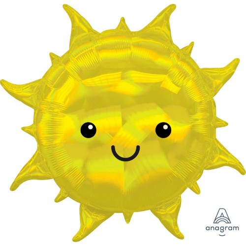 Holographic iridescent sun-shaped foil balloon, 68cm, self-sealing, perfect for celebrations and parties.
