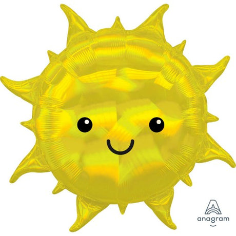 Holographic iridescent sun-shaped foil balloon, 68cm, self-sealing, perfect for celebrations and parties.
