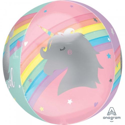 XL Magical Rainbow Unicorn foil balloon with vivid colors and unique round shape, perfect for festive celebrations.