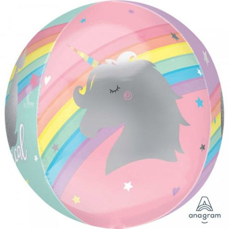 XL Magical Rainbow Unicorn foil balloon with vivid colors and unique round shape, perfect for festive celebrations.