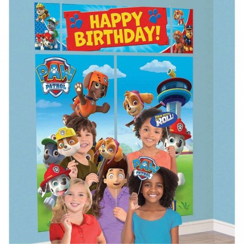 Paw Patrol Happy Birthday Scene Setter with 17 vibrant pieces for festive decor, featuring large scenes and fun photo props.
