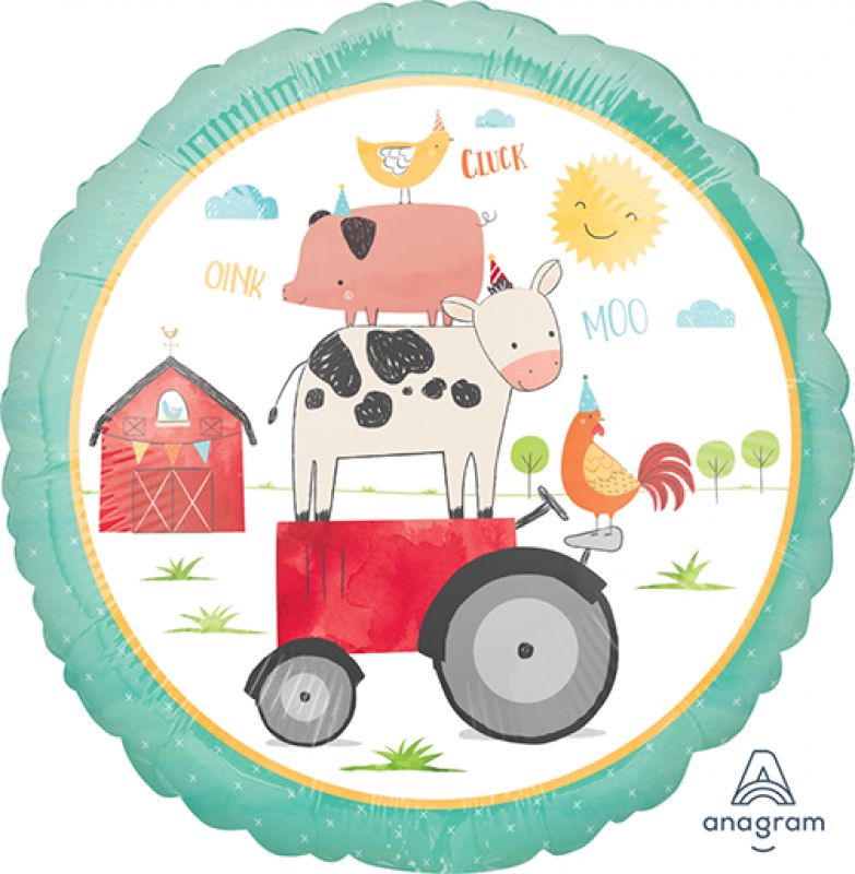 45cm barnyard-themed foil balloon with cute farm animals, perfect for birthday parties and easy to inflate.