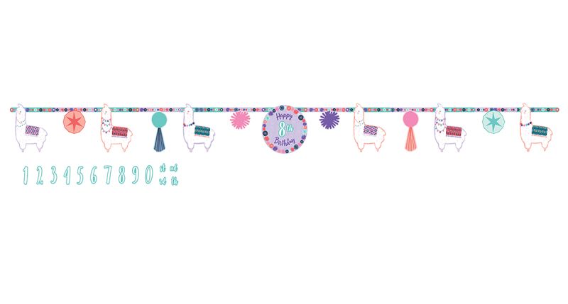 Llama Fun Jumbo Add-An-Age Banner: 3m long, customizable with 24 attachable pieces for festive celebrations.
