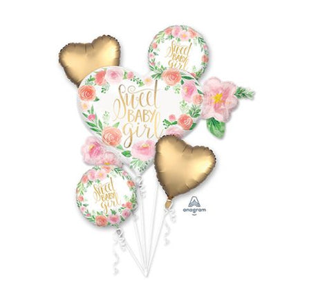Pack of 5 Floral Sweet Baby Girl foil balloons, featuring enchanting designs for celebrations and baby showers.