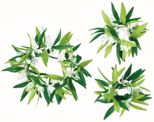 Luau green leaf and flowers head wreath and wristlets set, vibrant tropical accessories for summer celebrations.