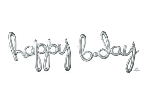 Silver foil balloon with elegant script 'Happy Bday' for stylish birthday celebrations. Air fill only.