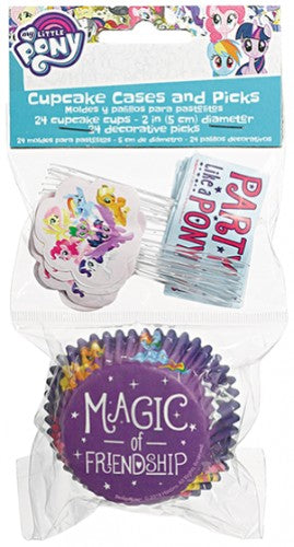 Colorful My Little Pony cupcake cases and picks, ideal for kids' parties, featuring 24 cases and 24 themed picks.