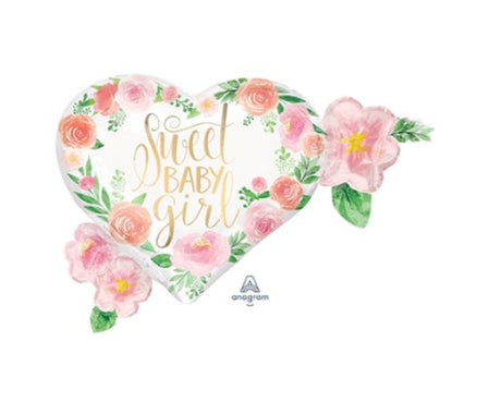 Vibrant floral heart-shaped balloon for baby celebrations, measuring 68cm x 50cm, self-sealing and elegant.