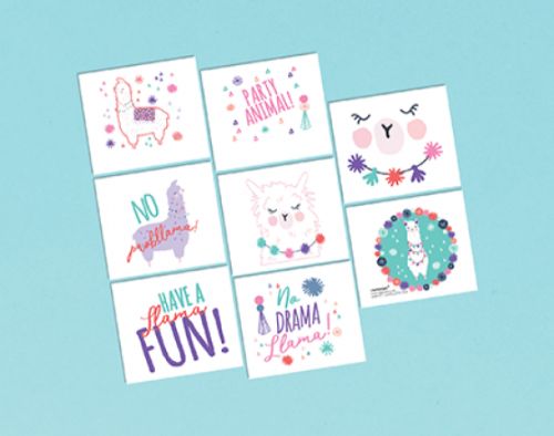 Pack of 8 adorable temporary llama tattoos, perfect for parties and unique favors for all ages.