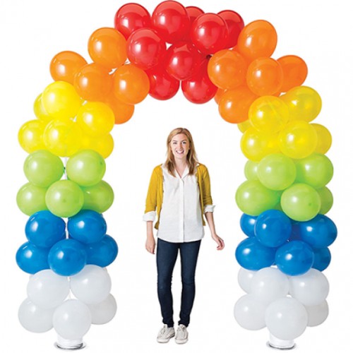 Colorful balloon arch kit for indoor/outdoor events, suitable for 96 air-filled balloons, easy to assemble, 251cm x 226cm.