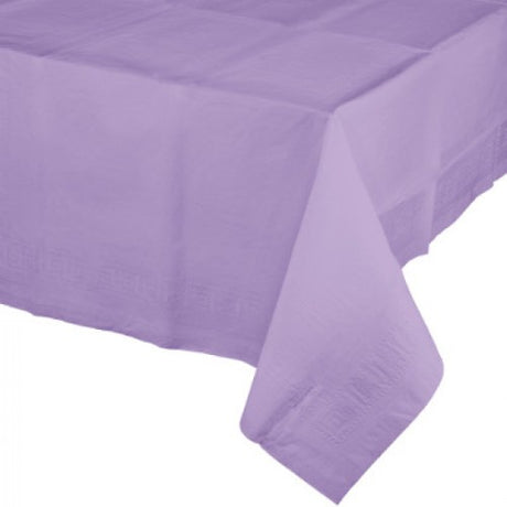 Elegant lavender table cover with tissue top and plastic backing, perfect for parties and everyday use.