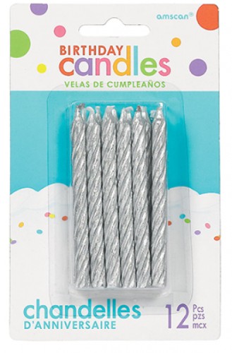 Pack of 12 large silver spiral glitter birthday candles, 3 1/4 inches tall, perfect for adding sparkle to any cake.