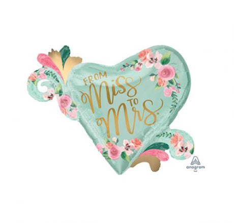 Mint green 'From Miss To Mrs' balloon, 81cm x 66cm, perfect for bridal celebrations and photo backdrops.