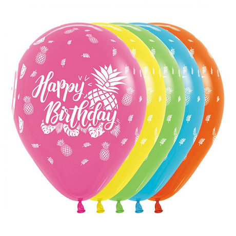 Vibrant 30cm tropical balloons with 'Happy Birthday' design, perfect for festive celebrations and parties. Pack of 12.