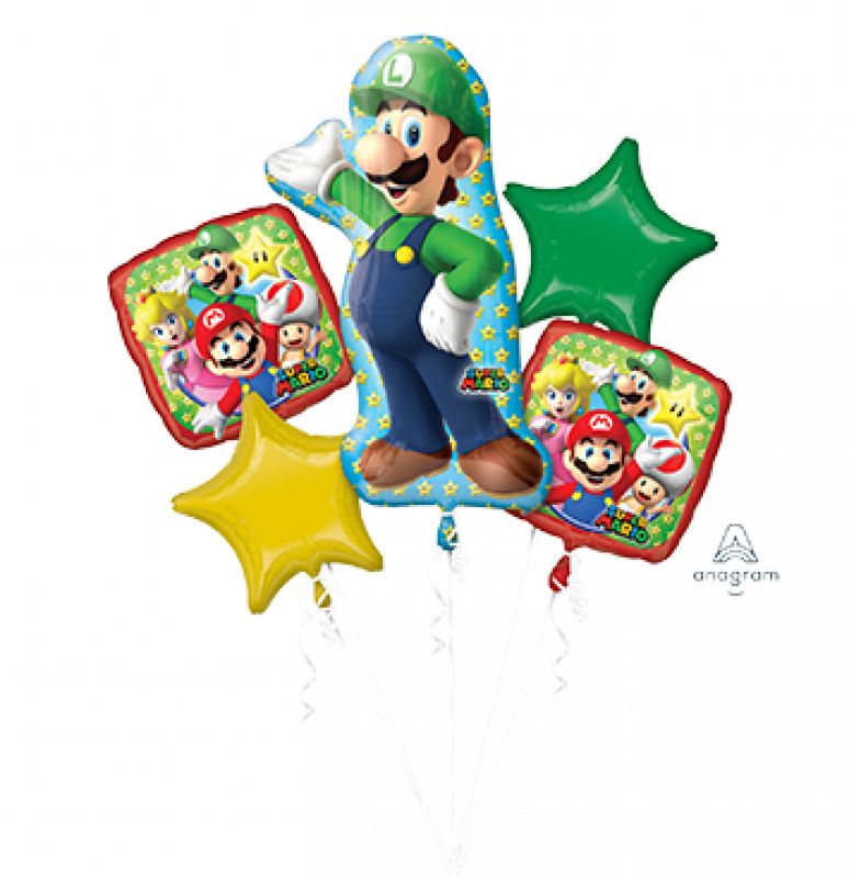 Foil balloon bouquet featuring Super Mario's Luigi, perfect for birthday parties and themed celebrations, pack of 5.