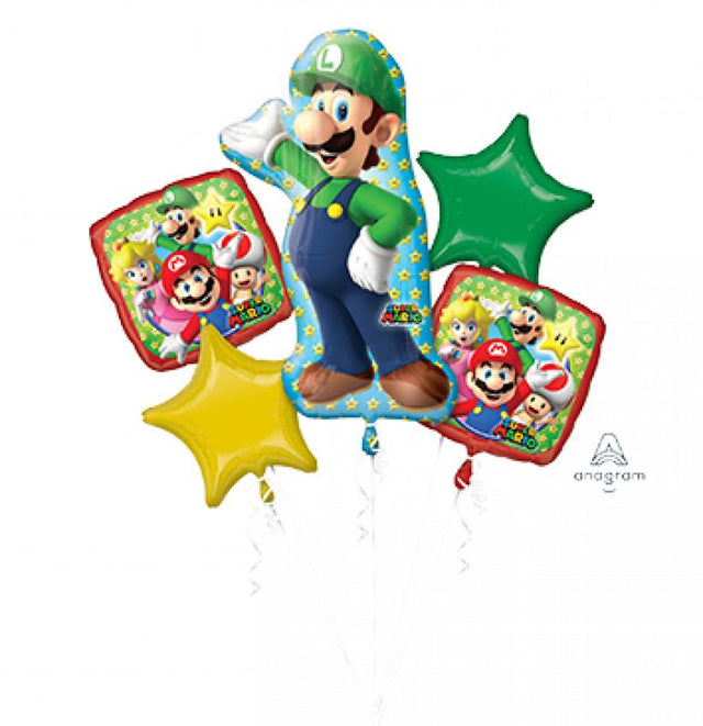 Foil balloon bouquet featuring Super Mario's Luigi, perfect for birthday parties and themed celebrations, pack of 5.