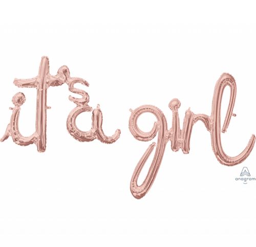 Rose gold foil balloon with 'It's a Girl' message, perfect for baby showers and gender reveals.
