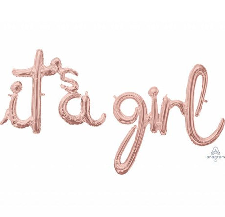 Rose gold foil balloon with 'It's a Girl' message, perfect for baby showers and gender reveals.