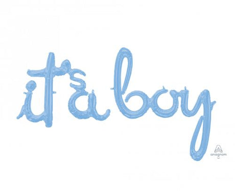 Pastel blue foil balloon saying 'It's a Boy', 68cm x 50cm, perfect for baby showers and gender reveals.