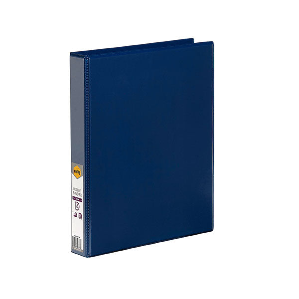Blue A4 Marbig insert binder with clear overlay, 25mm rings, acid-free, and made from 100% recycled materials.
