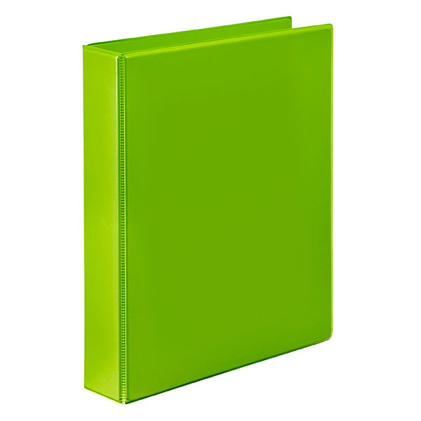 Bright lime A4 binder with 2 rings, durable polypropylene, clear overlay for customization, and inner pocket for loose papers.