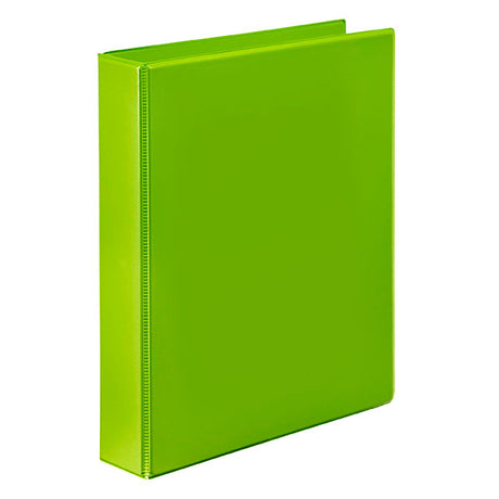 Bright lime A4 binder with 2 rings, durable polypropylene, clear overlay for customization, and inner pocket for loose papers.