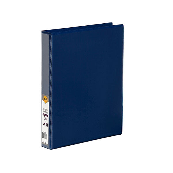 Marbig C/View Insert Binder A4 in blue with 4 rings, clear overlay for easy customization, eco-friendly, and convenient storage pocket.