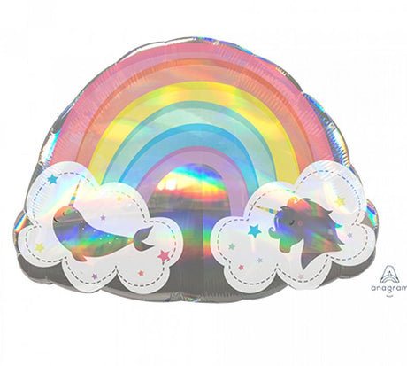 Supershape holographic foil balloon shaped like a magical rainbow, measuring 71cm x 50cm, self-sealing feature.