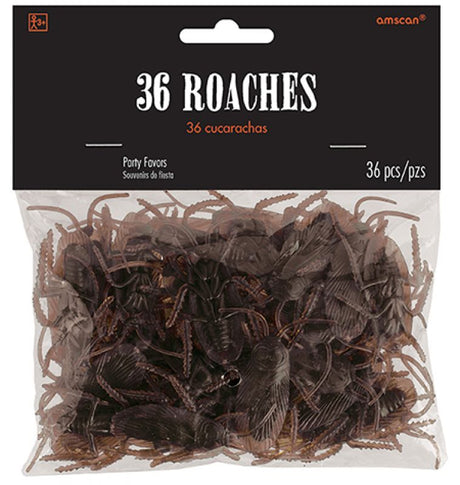 Pack of 36 realistic plastic cockroaches, perfect for pranks and themed parties, each measuring 15cm.