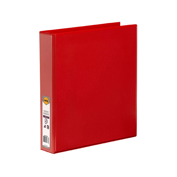 Bright red A4 binder with 4 rings, clear overlay for customization, and durable recycled materials, ideal for document organization.