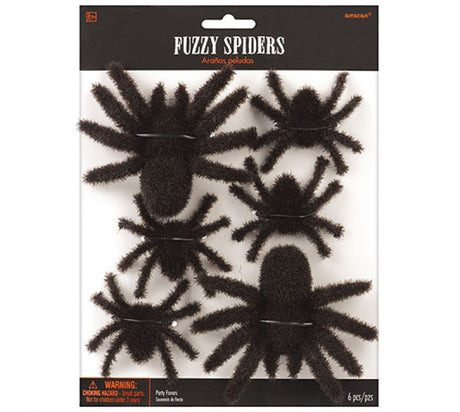 Six fuzzy hairy spider favors in two sizes, perfect for Halloween parties and spooky decorations.