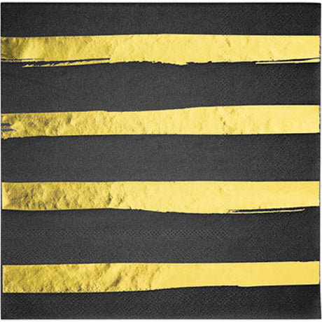 Touch of Colour Black Velvet and Gold Foil Striped Lunch Napkins, luxurious design for elegant dining occasions.