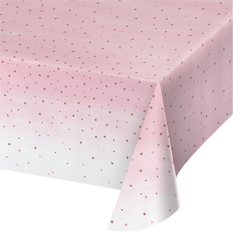 Elegant Rose All Day Tablecover in rose gold foil with a chic dots print, perfect for glamorous events.