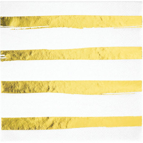 Pack of 16 elegant white napkins with gold foil stripes, perfect for upscale dining and celebrations.