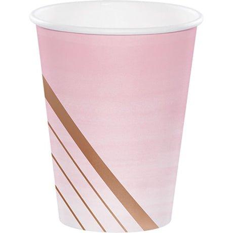 Elegant rose gold foil striped paper cups, 266ml, pack of 8, perfect for stylish celebrations and easy cleanup.