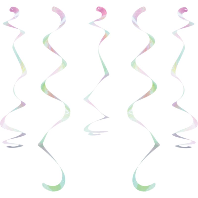 Pack of 10 iridescent foil dizzy danglers, 45cm long, perfect for adding elegance to any celebration decor.