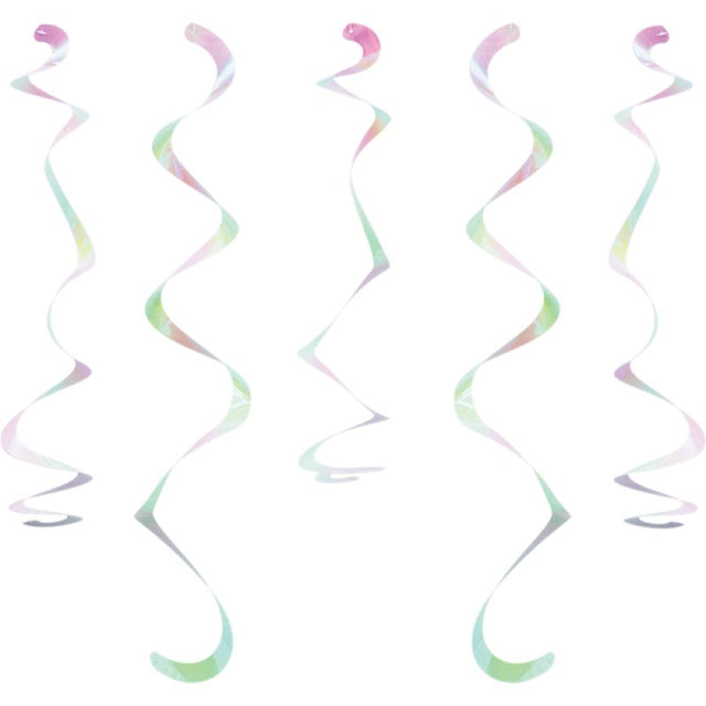 Pack of 10 iridescent foil dizzy danglers, 45cm long, perfect for adding elegance to any celebration decor.